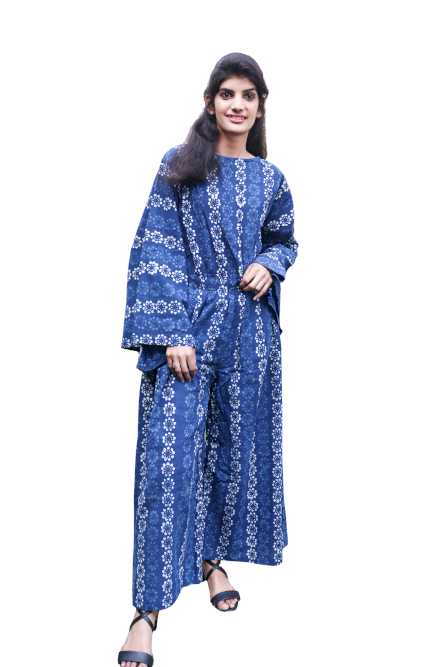 Indigo block print cotton jump suit